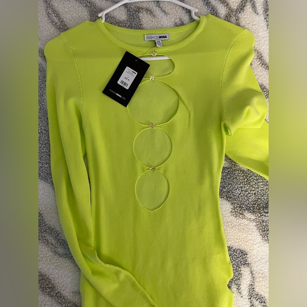 Fashion nova neon yellow body con dress with cut outs
